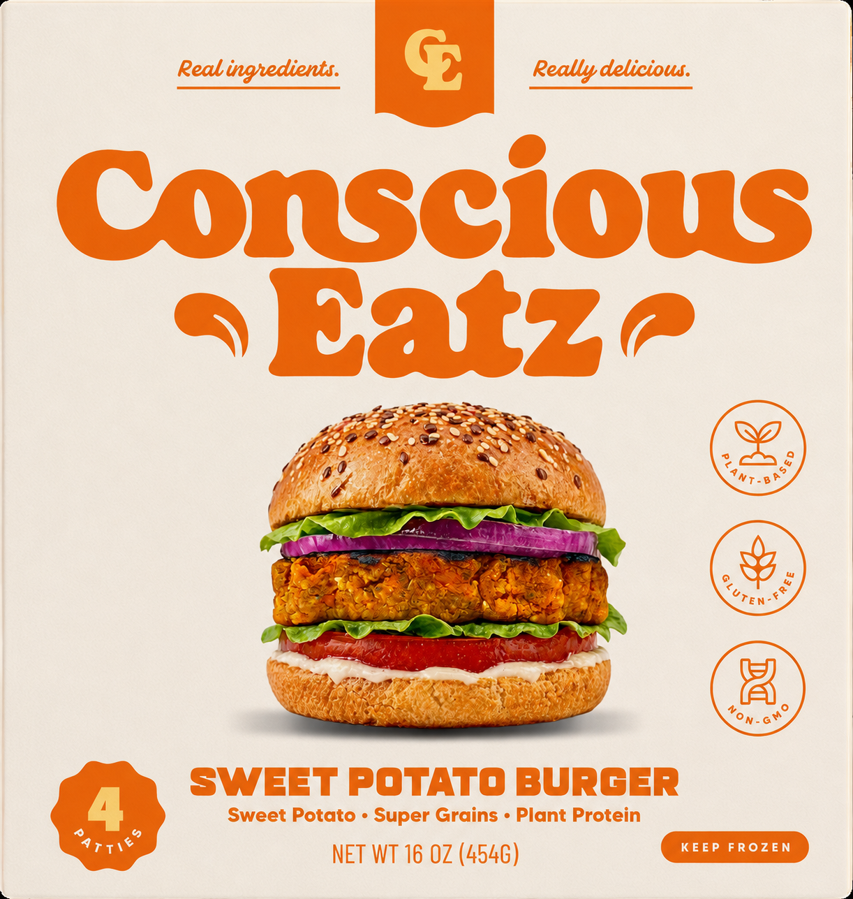 Conscious Eatz 4 Pack Retail Box — four 4 oz plant-based sweet potato burger patties, 16 oz net